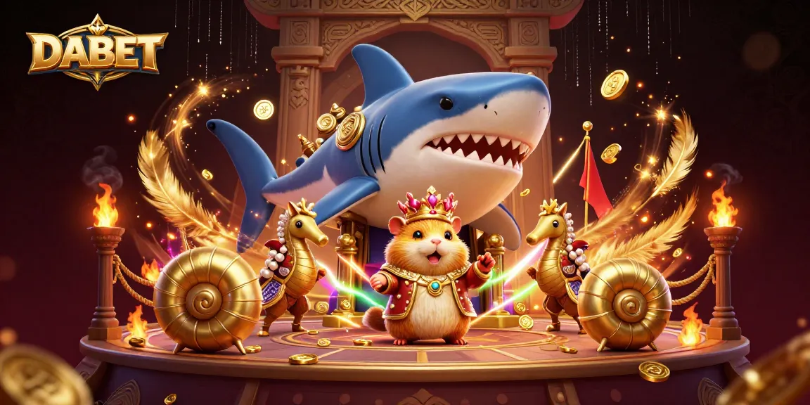DABET offers thrilling casino experiences with a king hamster on a megalodon throne amidst vibrant gaming elements.
