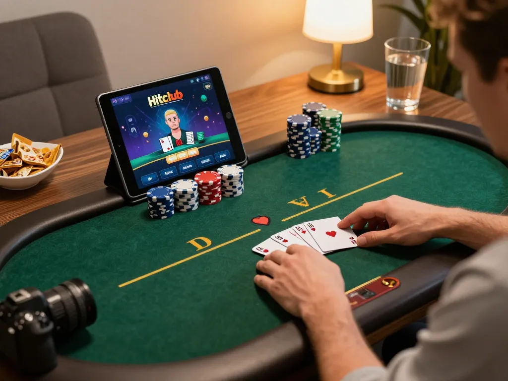 Hitclub online poker gameplay strategy with players engaged in betting and immersive home environment.