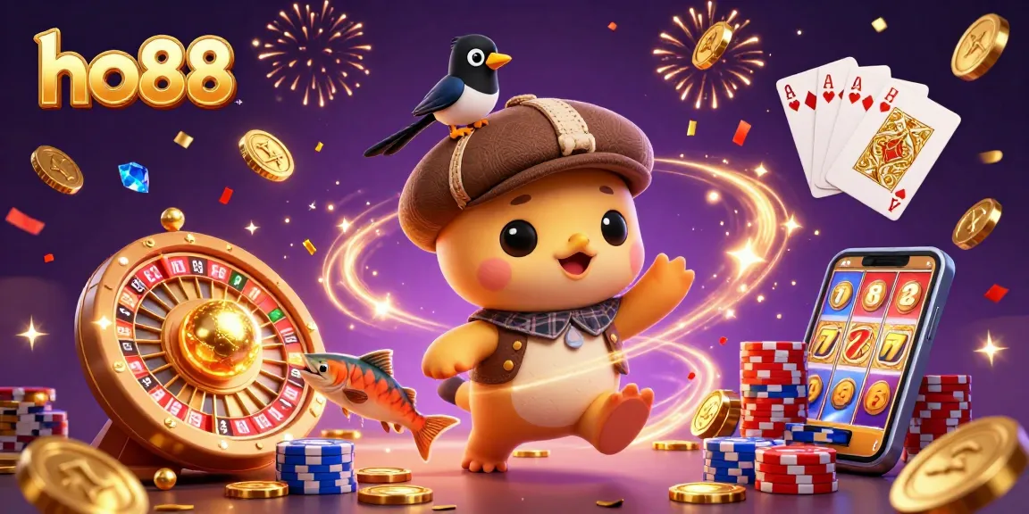 Experience the excitement of ho88 with vibrant cartoon monsters, golden casino elements, and festive confetti!