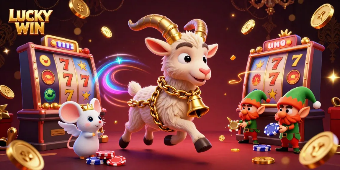 Experience thrilling jackpots and slots at LUCKY WIN with festive characters and casino action.