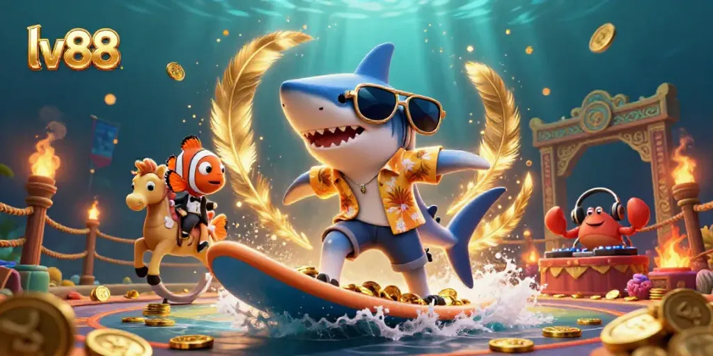 Experience the thrill of lv88 casino adventures with a vibrant 3D illustration featuring whimsical sea creatures.