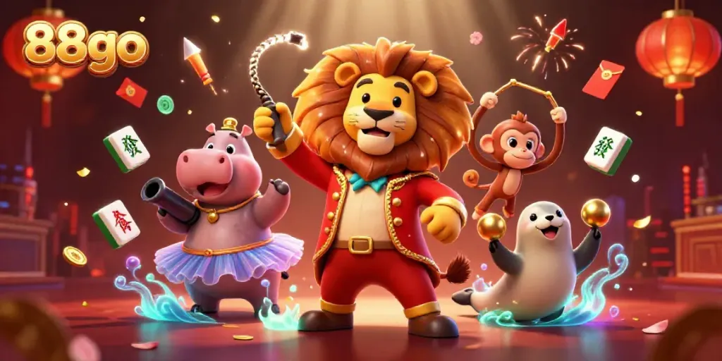 The lively scene shows the 88go casino world with characters like a lion ringmaster and a juggling seal amidst vibrant casino elements.