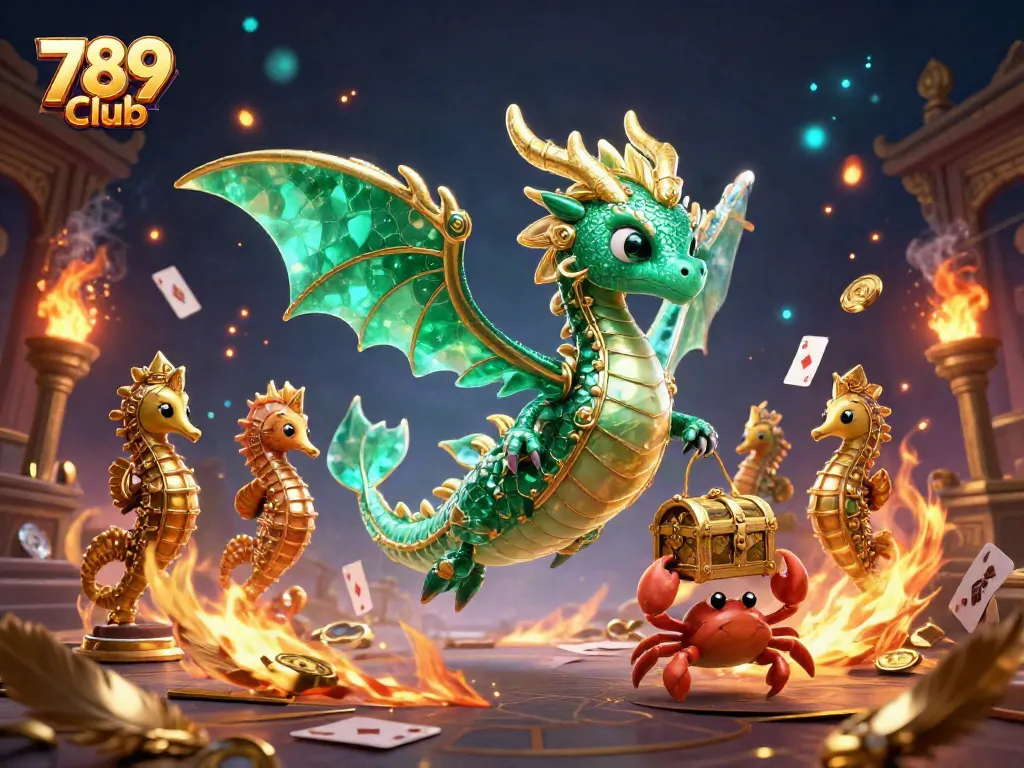 Experience the thrilling 789 Club as an emerald sea dragon and royal seahorse guard showcase vibrant casino gameplay.
