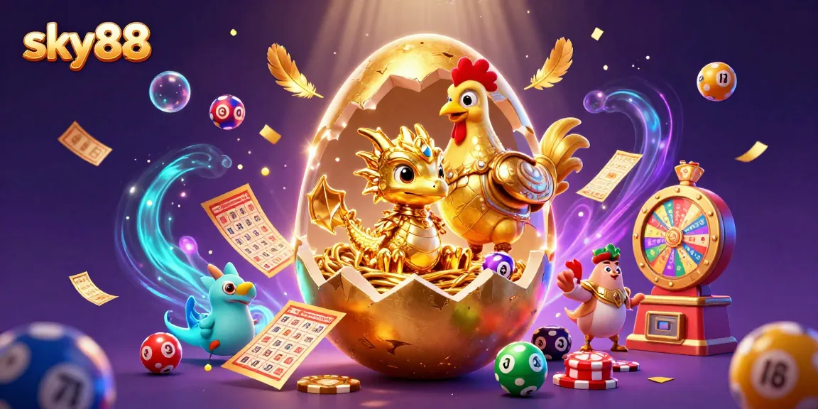 Win big at sky88 with a vibrant illustration featuring a golden dragon, poker chips, and colorful lottery balls.