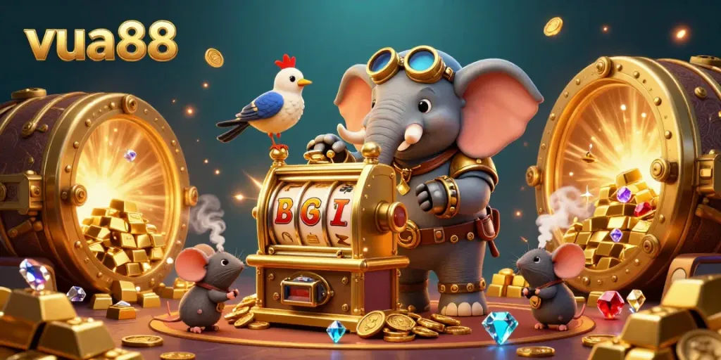 Experience the thrill of the casino with vua88's vibrant 3D scene featuring a steampunk elephant and golden slot machine.