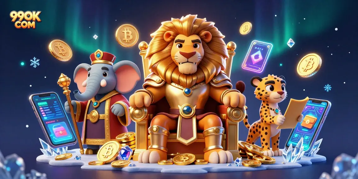 Experience thrilling gameplay with 99OK COM as a lion king oversees a vibrant casino scene.