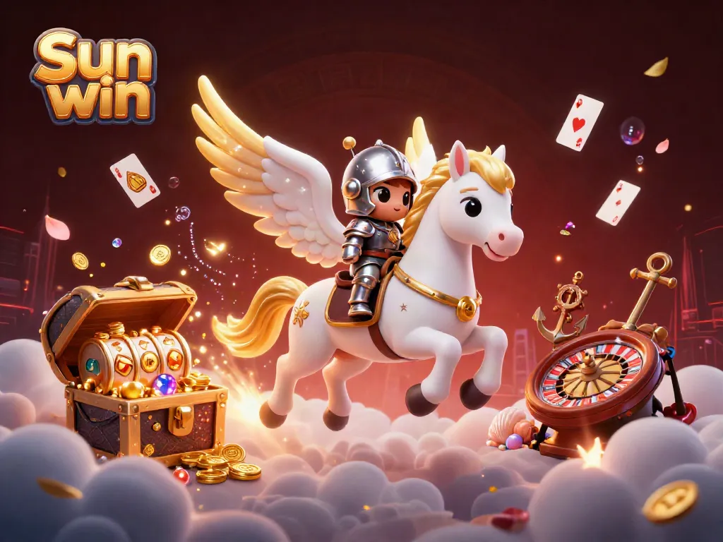 Experience the excitement of Sun win with a magical scene of a celestial horse, knight, treasures, and casino elements.