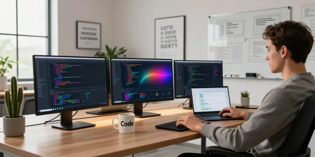 Tech workspace highlighting instant indexing tools used by a developer for efficient coding.