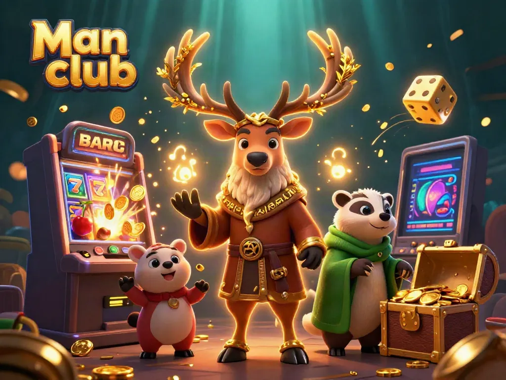 Experience excitement at the Man club with a vibrant casino scene featuring a stag and badger.