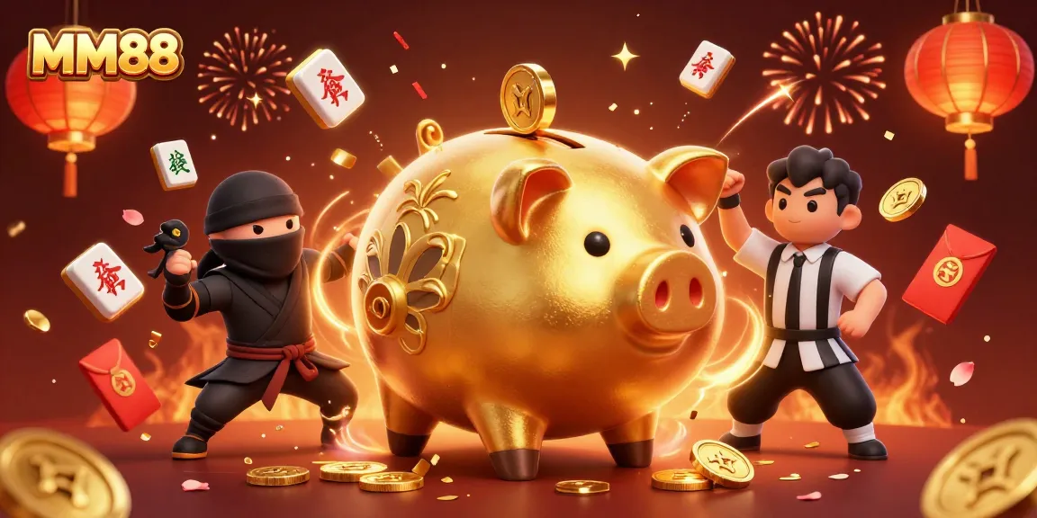 Experience exciting wins at MM88 with a dynamic illustration showcasing fun casino elements and characters.