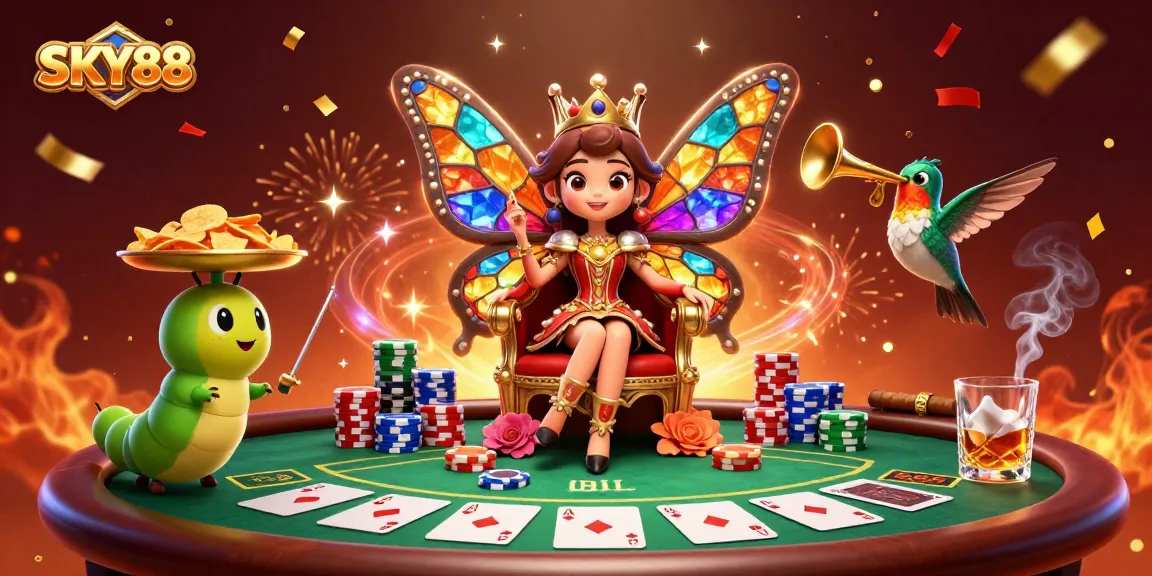 Experience the excitement of SKY88 with a vibrant casino scene featuring cards, chips, and magical elements.