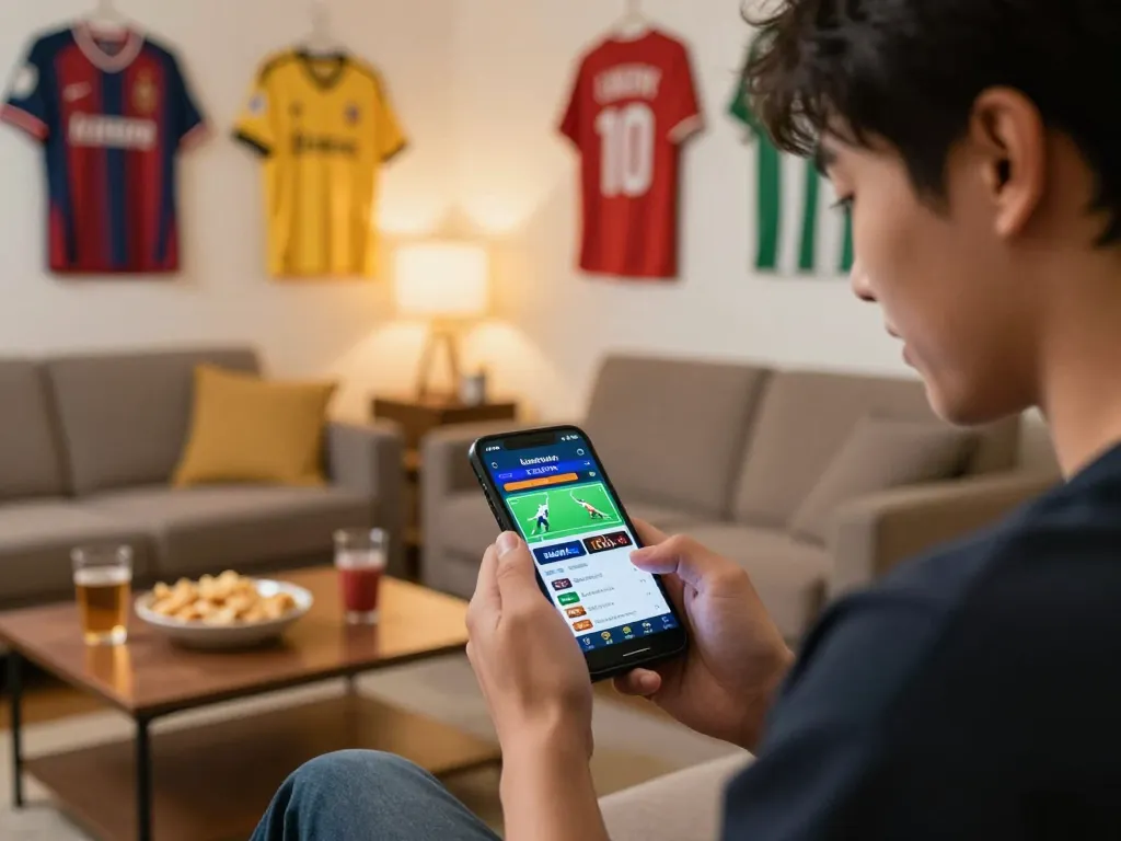 Lương Sơn TV sports app displayed on smartphone during an exciting home sports betting session.