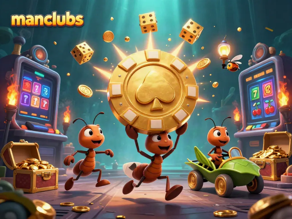 Experience thrilling entertainment with manclubs as ants transport a giant poker chip in a casino heist scene.