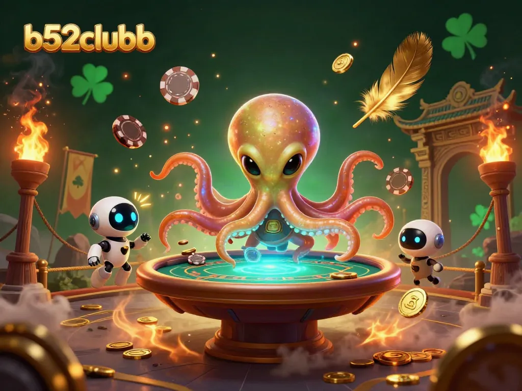 Engaging b52clubb scene with an alien octopus at a poker table surrounded by dynamic gambling elements.