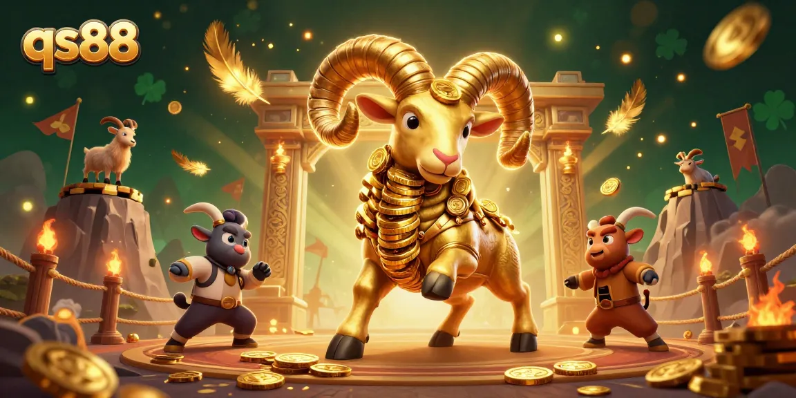 Experience thrilling action with qs88 as a golden ram charges through a vibrant casino scene.