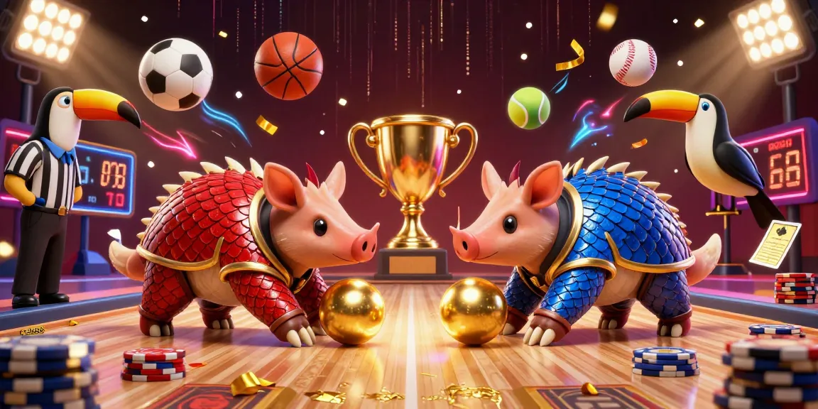 Experience thrilling gameplay with ee888 as rival pangolins bowl through poker chips in an electrifying casino scene.