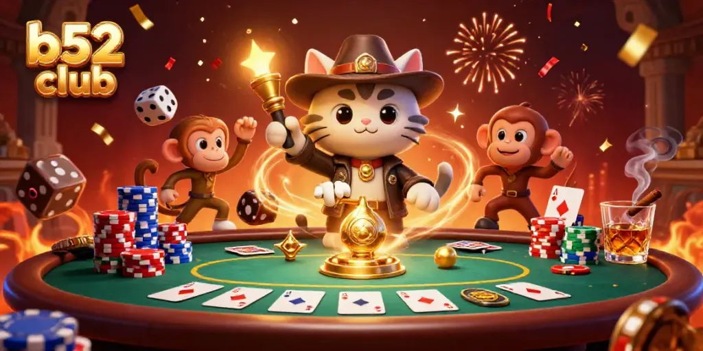 Explore the thrilling atmosphere of b52 club with an adventurous cat and monkey discovering treasures.
