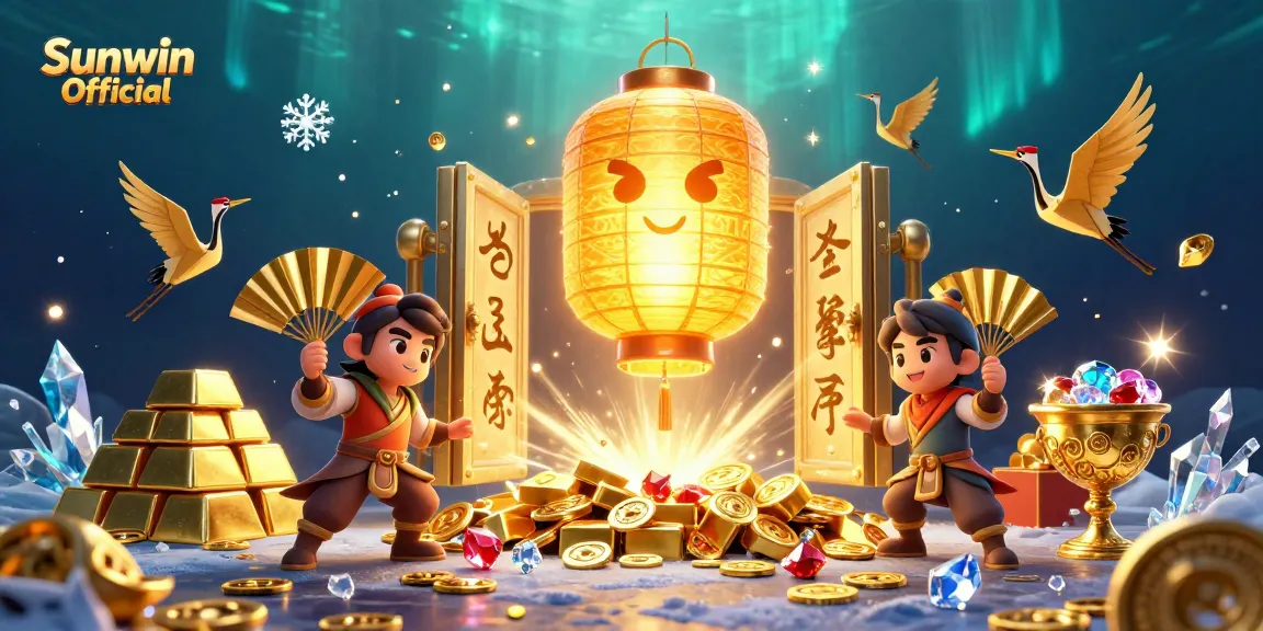 Experience immersive excitement with Sunwin Official's dynamic 3D casino scene, featuring vibrant characters and treasures.