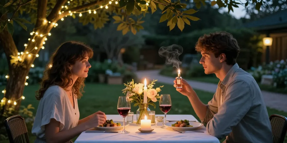 Couple enjoying a romantic outdoor dinner, exploring Date Night Fragrances with candles and elegant decor.