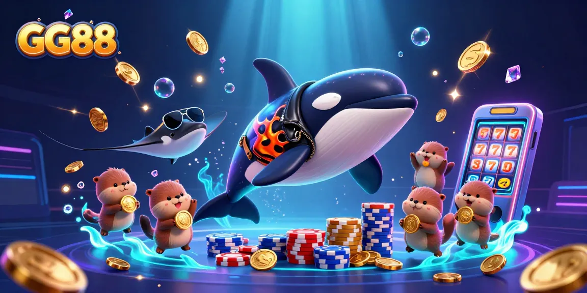 Experience the thrill of GG88 with captivating sea creatures surrounded by gold coins and gaming excitement.