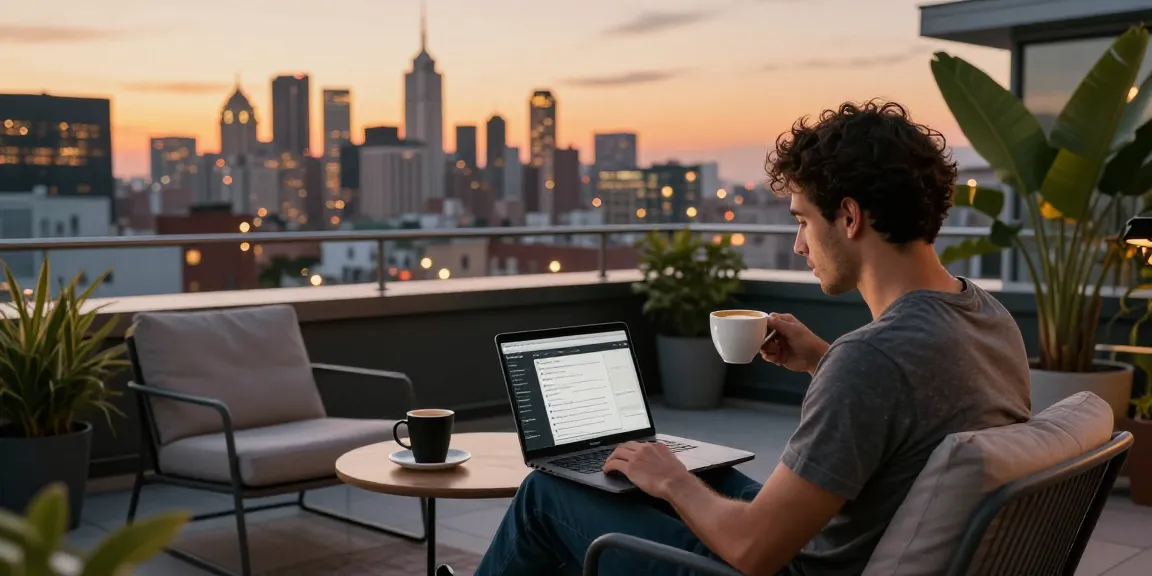 Airbnb host reviewing how much does an airbnb host make on a laptop in a city rooftop setting.