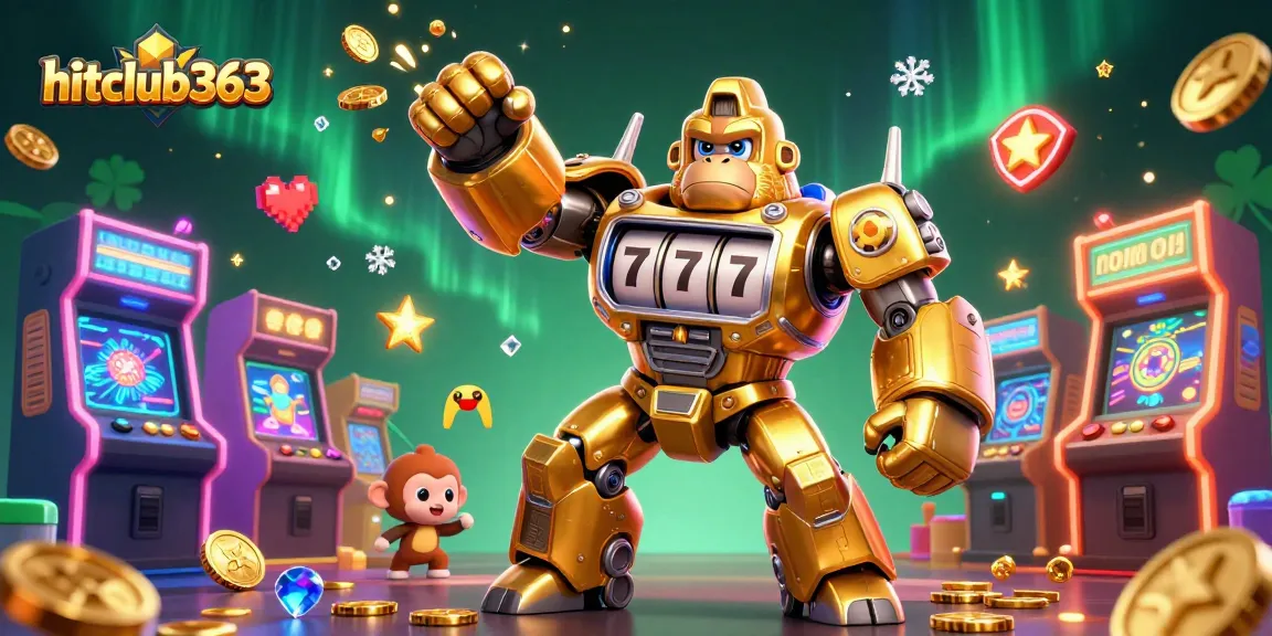 Experience thrilling gaming action at hitclub363 with a dynamic 3D gorilla mech and vibrant casino elements.