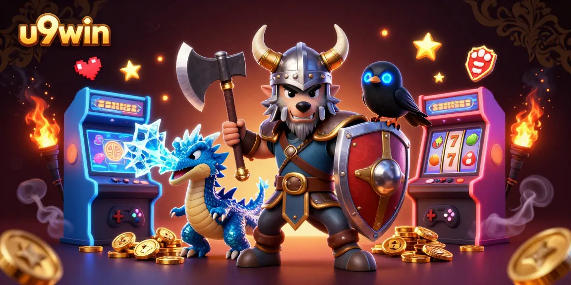 Engage with u9win's vibrant casino experience featuring a Viking wolf warrior alongside gaming elements.