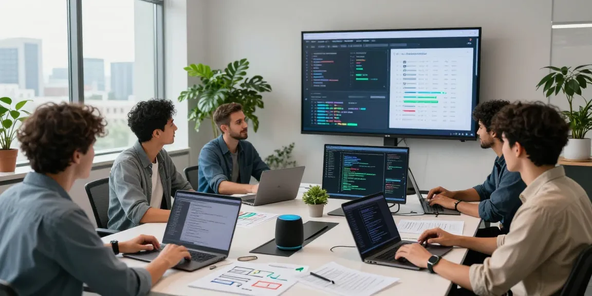 Team collaborating on AI projects with innovative technology in modern workspace, showcasing 18+ ai development.