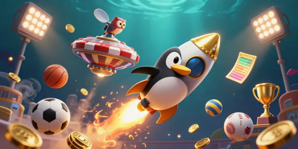 Experience the thrill of pg 99 gaming with a vibrant illustration featuring a golden penguin in space, symbolizing online casino excitement.