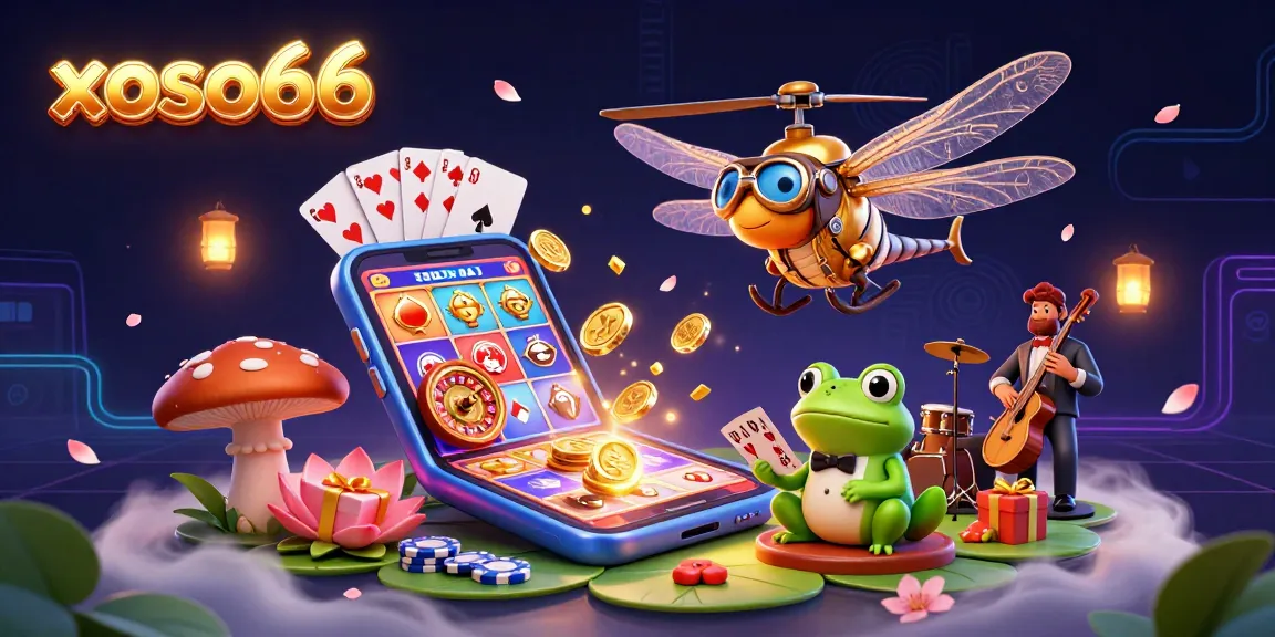 Xoso66 shows a vibrant animated casino scene with a dragonfly pilot, frog croupier, and jazz musicians.