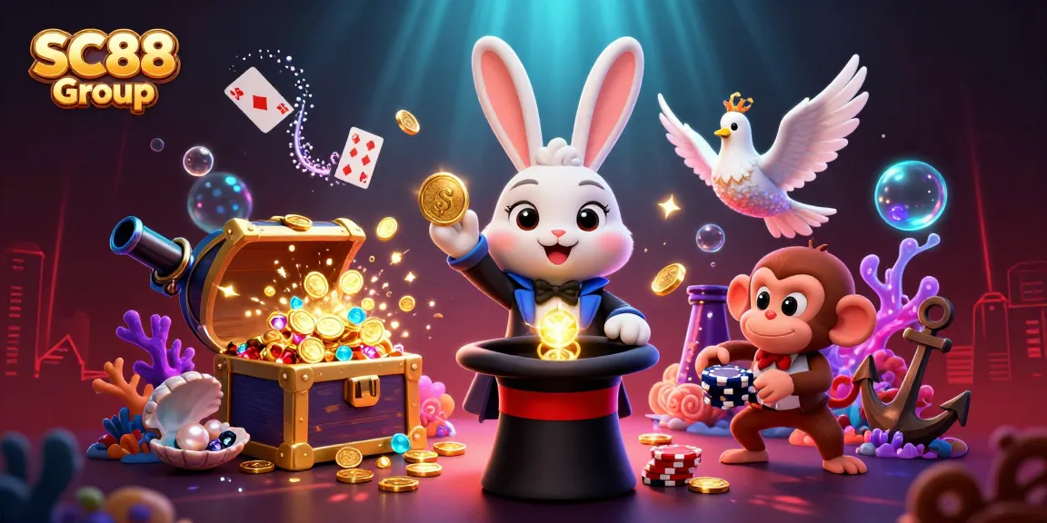 Engage with SC88 Group's dynamic casino scene featuring vibrant characters and sparkling rewards.