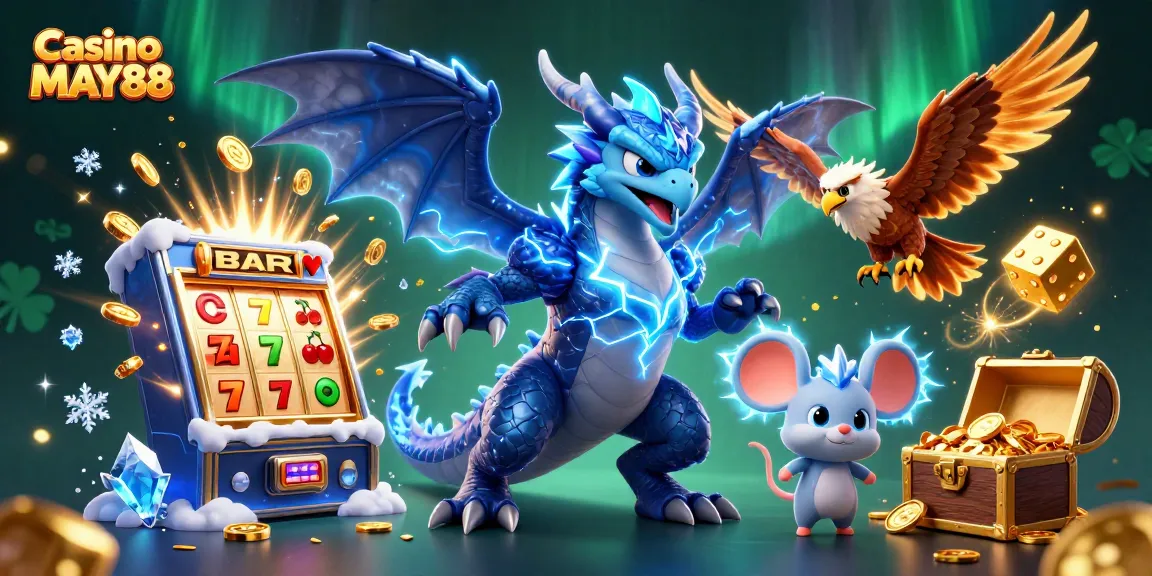 Experience the thrill of Casino MAY88 with a vivid 3D illustration showcasing dynamic characters and exciting game elements.