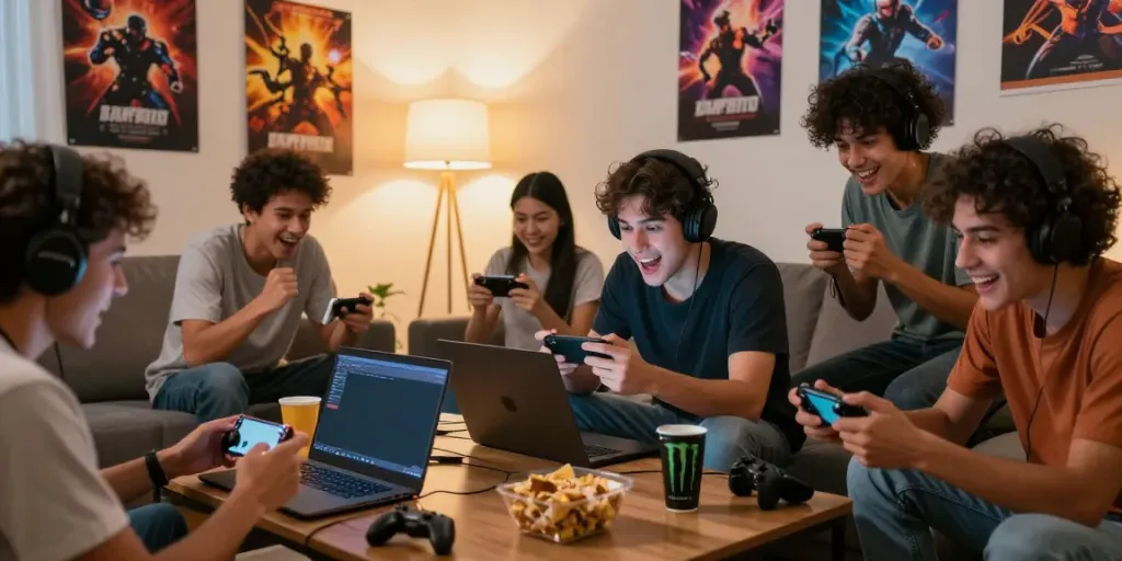 Friends playing online games with GO88 on their devices in a cozy living room setting.