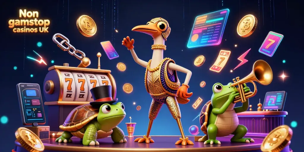 Engage with Non gamstop casinos UK in an ultra-detailed 3D casino illustration featuring vibrant characters and dynamic gaming elements.