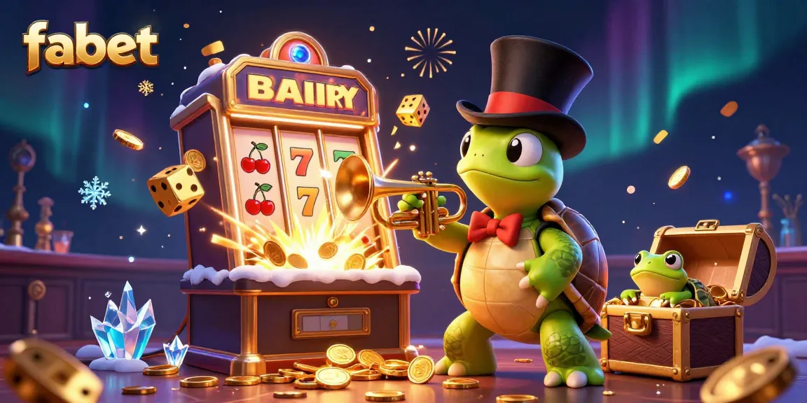 Fabet casino scene with top-hat turtle, trumpet frog, and jackpot slot action.