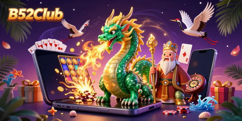Engage in thrilling gaming at B52Club with dynamic slot reels, a jade dragon, and festive decorations.