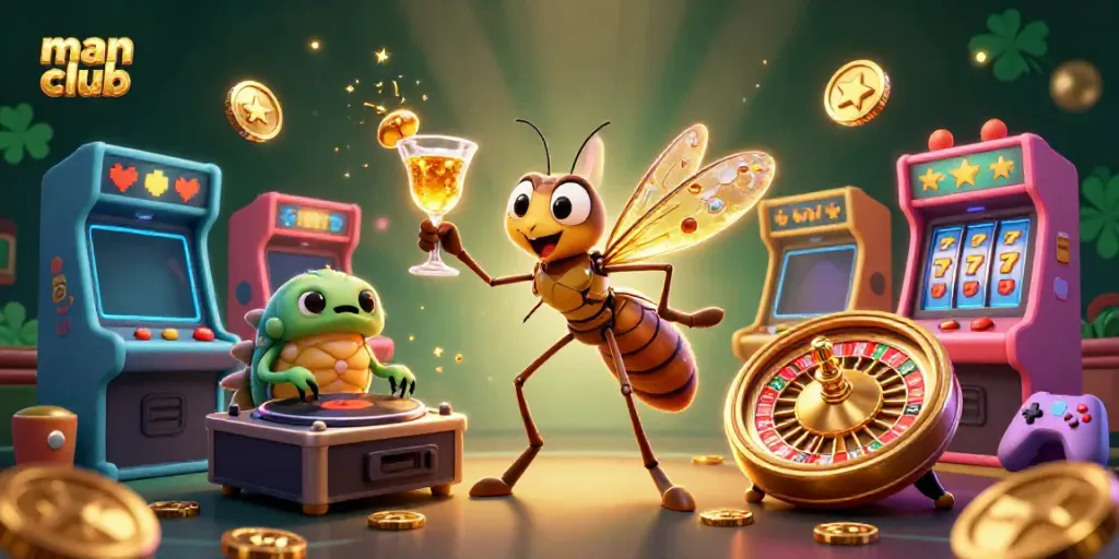 Experience thrilling moments at man club with a lively casino scene featuring unique characters and vibrant game elements.