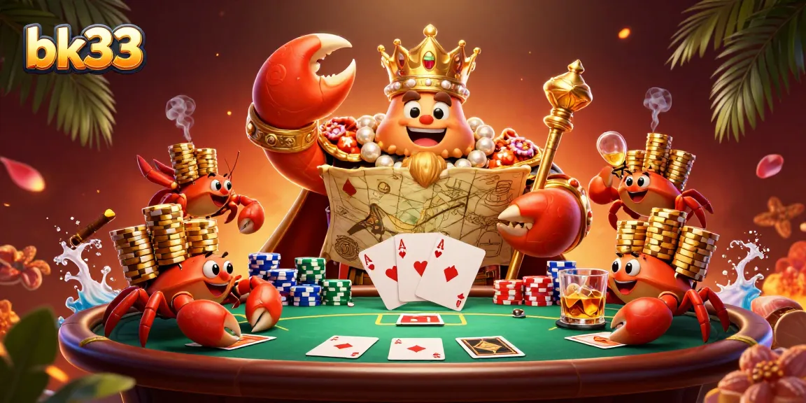 Experience bk33's vibrant gaming energy with a golden crab emperor surrounded by poker action.