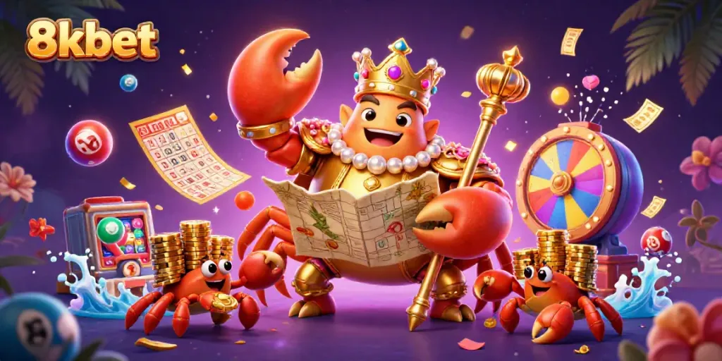 Engage with 8xbet as a massive golden crab emperor leads a dynamic treasure adventure in a vibrant 3D casino realm.