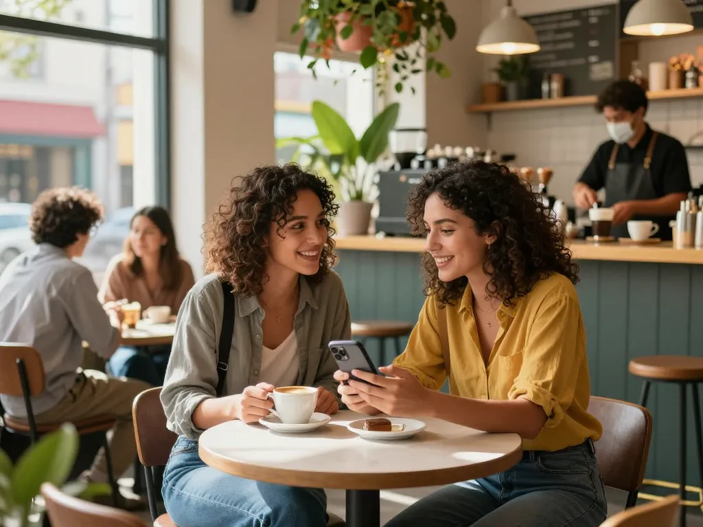 Engaging conversation with an AI girlfriend in a trendy café setting