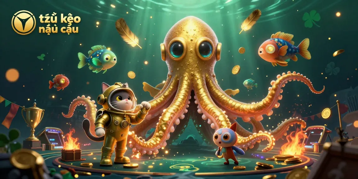 Illustration showcasing tỷ lệ kèo nhà cái with a kraken and diving cat amid sports betting elements and vibrant atmosphere.