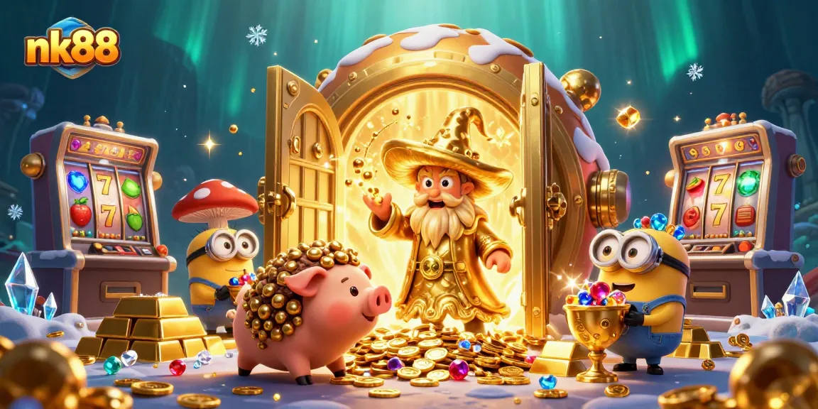Experience the magic of nk88 with treasure and slots in a vibrant illustrated casino scene.
