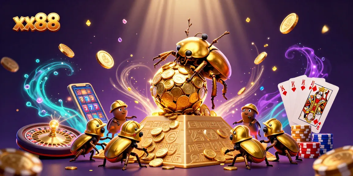 Experience excitement with xx88's golden beetle rolling coins in a dynamic casino scene.