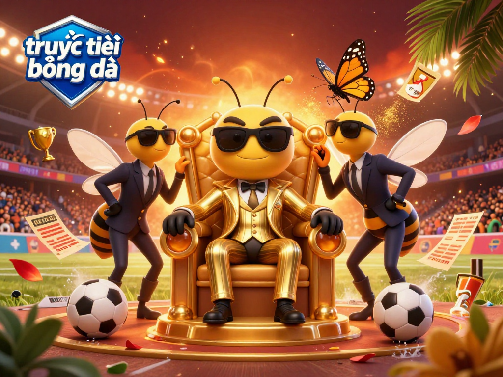 Experience trực tiếp bóng đá in lively sports betting action with vibrant cartoon characters and stadium elements.