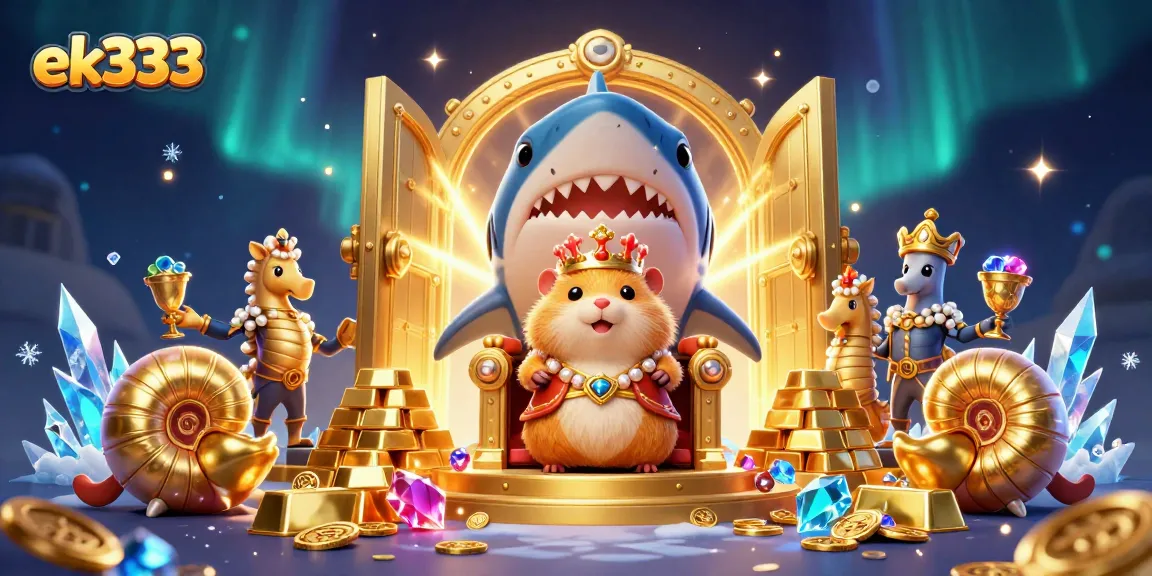 Win big with ek333 in a colorful 3D casino scene filled with treasures and animated characters.