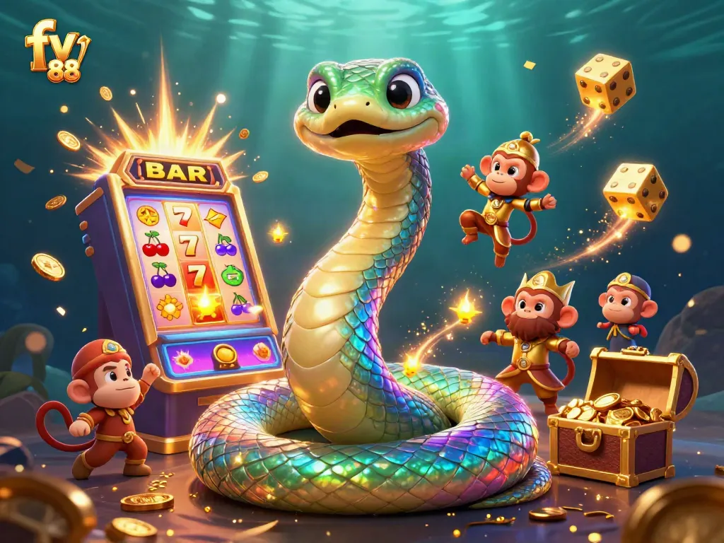 Win big with fv 88 in this vibrant casino-themed 3D illustration showcasing exciting game elements.