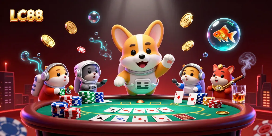 Engage with exciting casino games at LC88 while a corgi astronaut floats among poker chips.