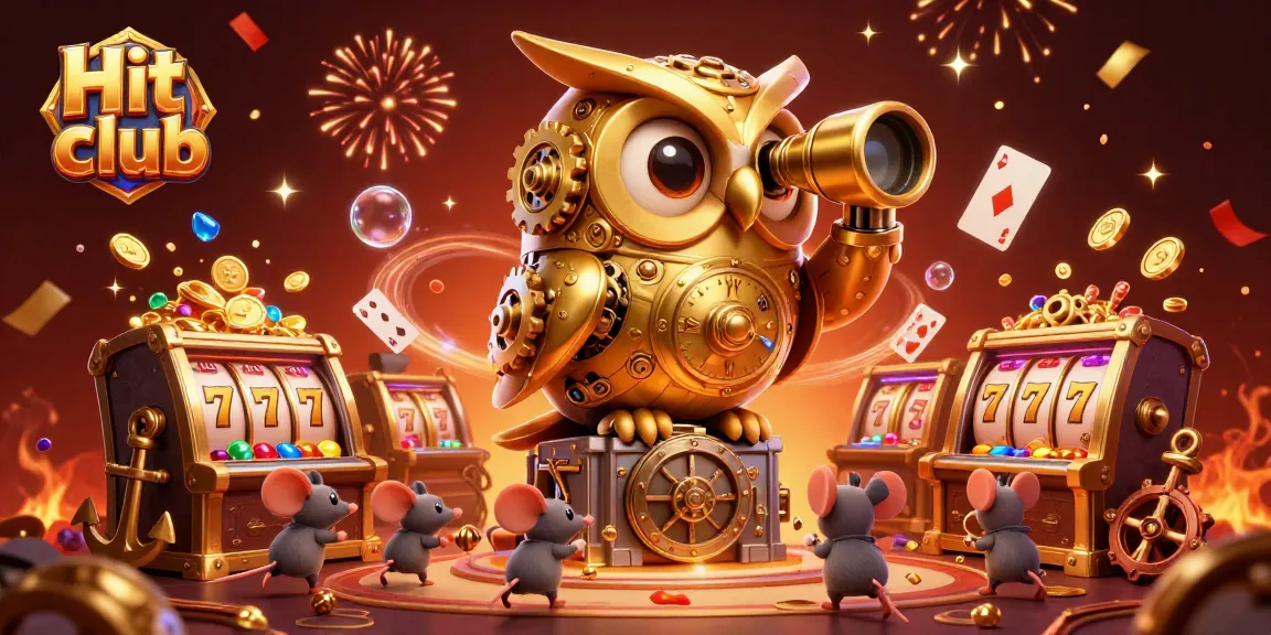 Engage with exhilarating gameplay at Hit club featuring a golden owl scanning a lively casino, framed by sparkling elements.