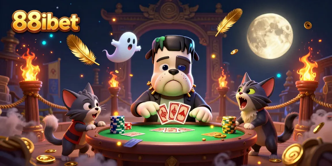 88ibet featuring a Frankenstein bulldog dealer at a vibrant casino setup with dramatic lighting.