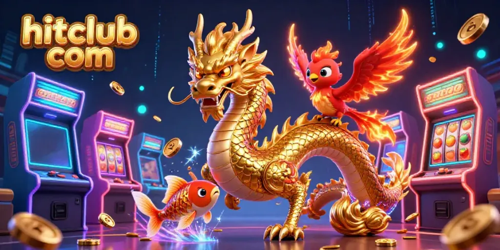 Engage with hitclub com's thrilling gaming experience through a dynamic illustration featuring a golden dragon, phoenix, and koi fish.